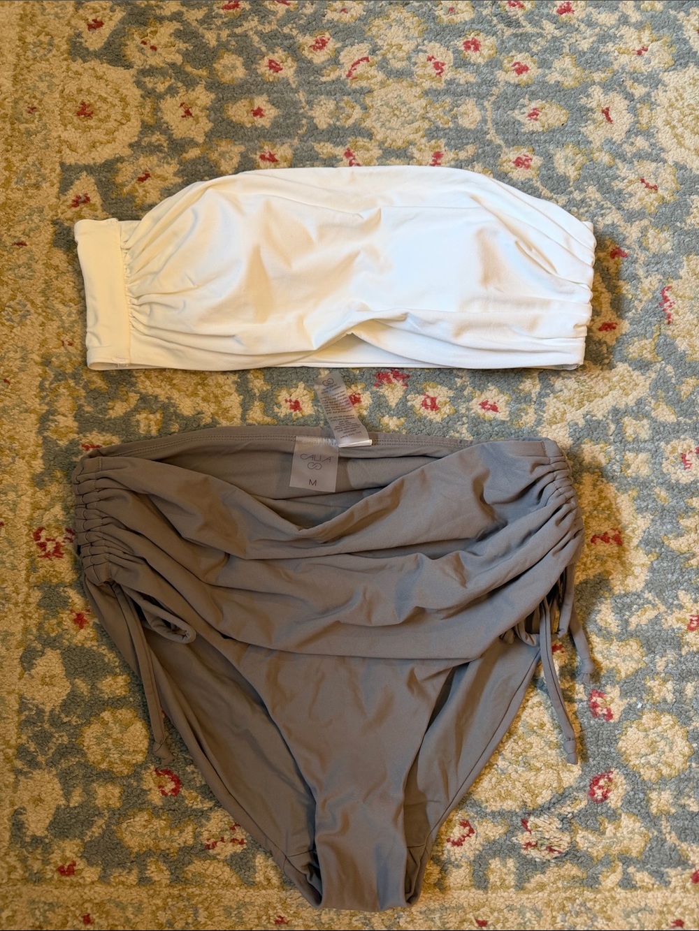 Women's Two-Piece Bandeau Swim Set in White and Taupe